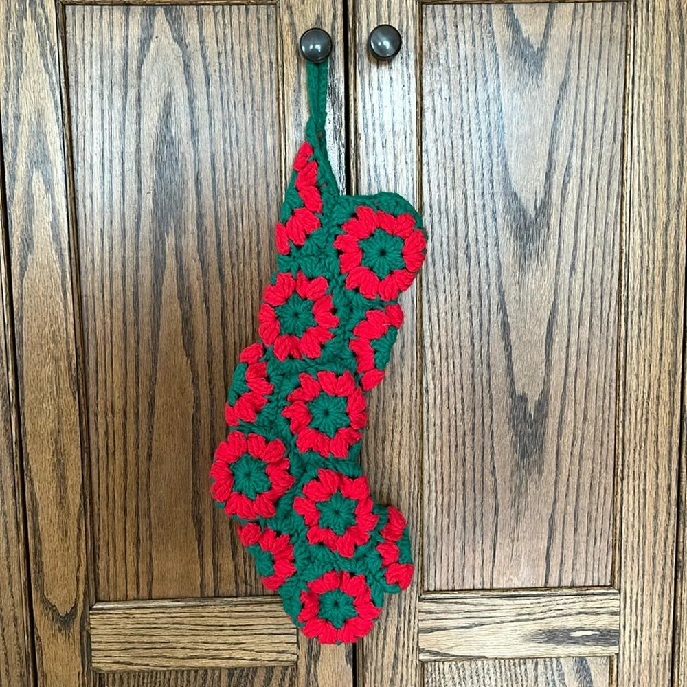 Crocheted Vintage Grandma Granny Square Christmas Stocking Red‎ Green Handmade